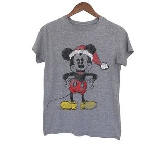 Disney Mickey with Santa hat Gray Crew Short Sleeves Size Small